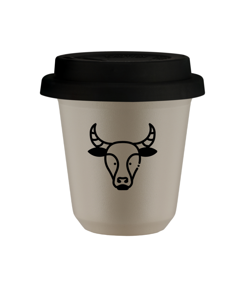 Tasse 150 ml BEIGE "Taureau", avec couvercle noir Tasse 150 ml BEIGE "Taureau", avec couvercle noir