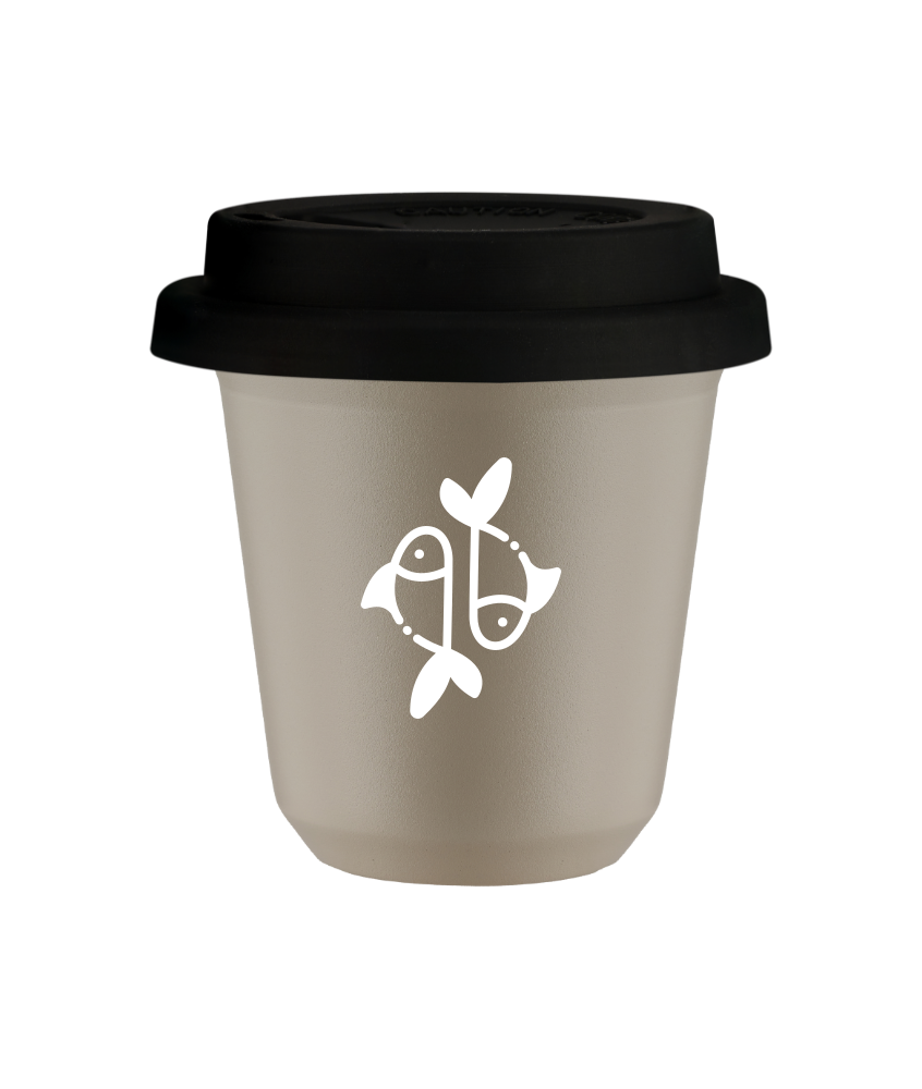 Tasse 150 ml BEIGE "Poissons (blanc)", avec couvercle noir Tasse 150 ml BEIGE "Poissons (blanc)", avec couvercle noir
