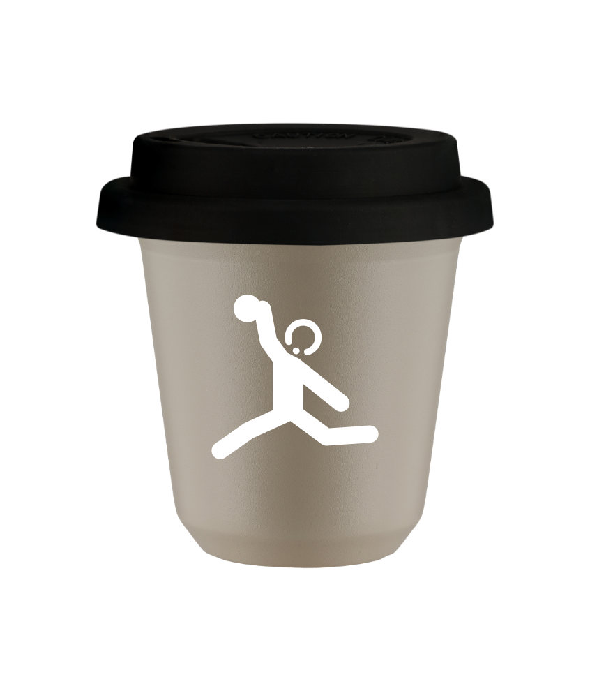 Tasse 150 ml BEIGE "Lancer du disque (blanc)", avec couvercle noir Tasse 150 ml BEIGE "Lancer du disque (blanc)", avec couvercle noir