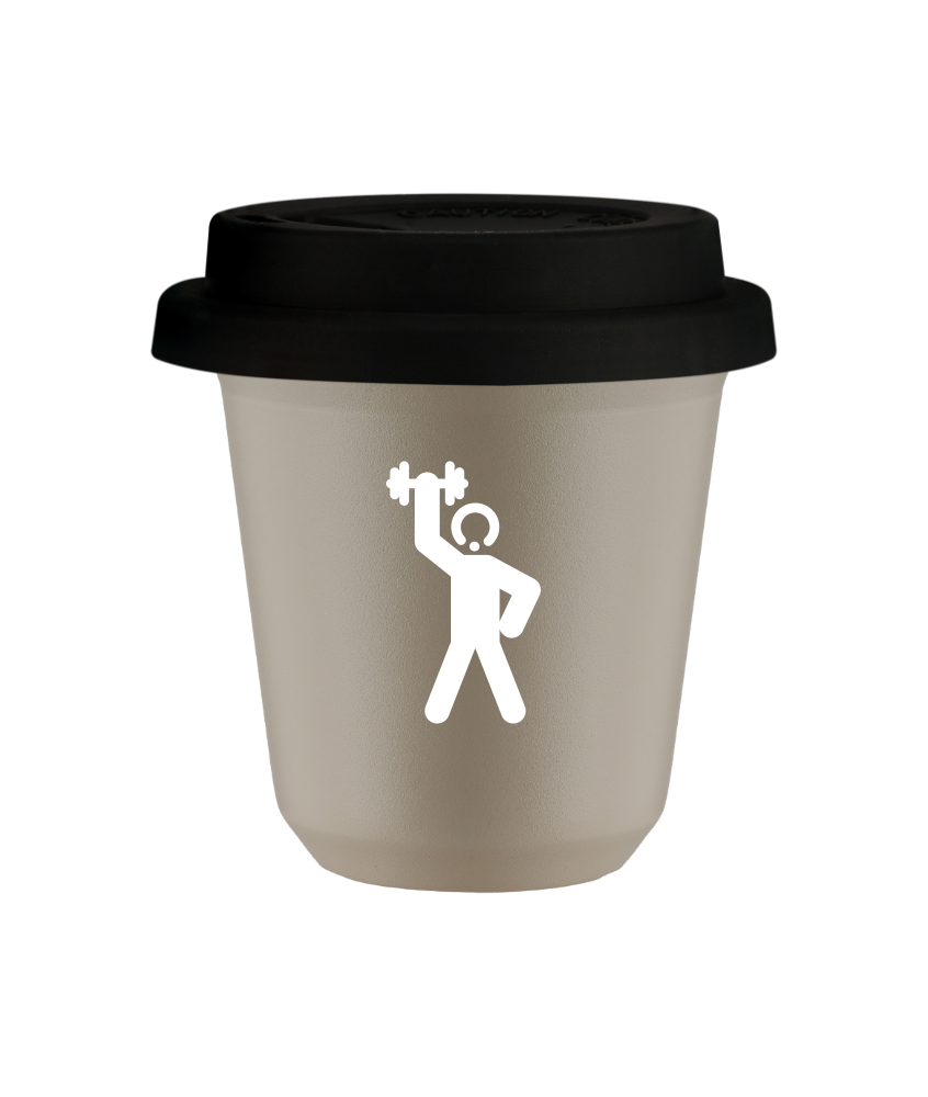 Tasse 150 ml BEIGE "Homme fort 2 (blanc)", avec couvercle noir