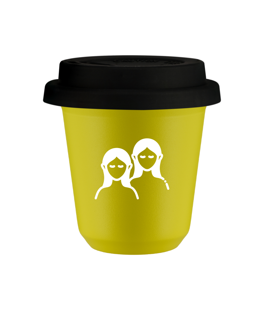 Tasse 150 ml JAUNE "Gémeaux (blanc)", avec couvercle noir Tasse 150 ml JAUNE "Gémeaux (blanc)", avec couvercle noir