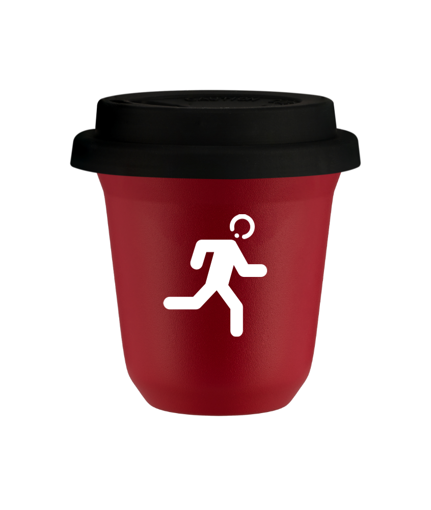 Tasse 80 ml ROUGE "Coureur (blanc)", avec couvercle noir