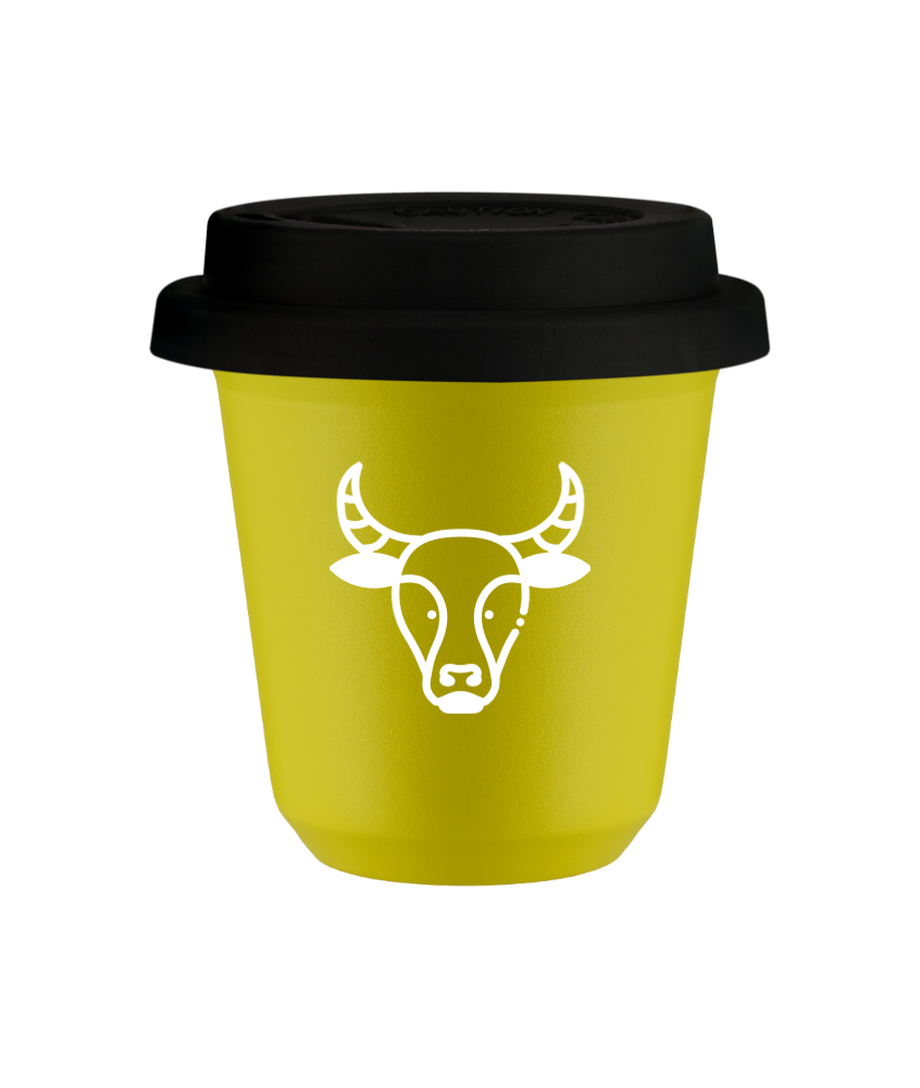 Tasse 150 ml JAUNE "Taureau (blanc)", avec couvercle noir
