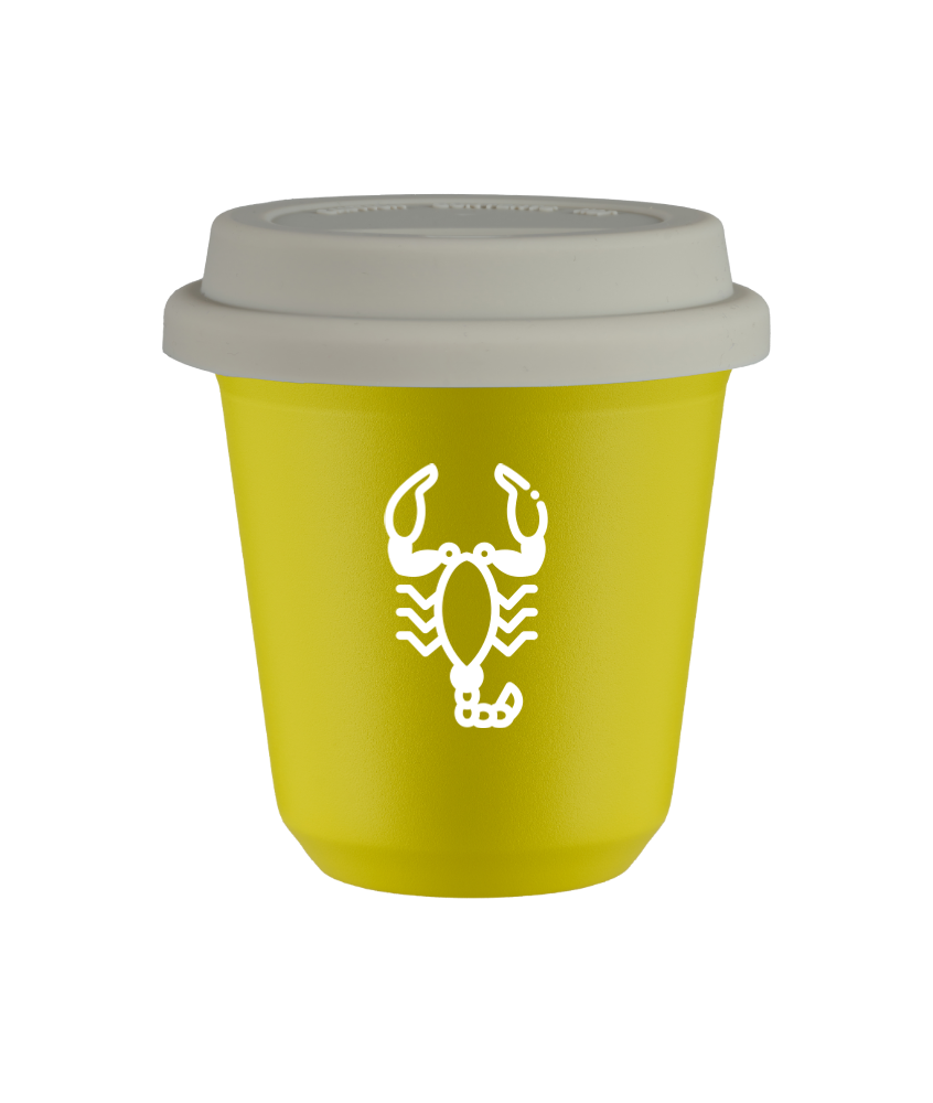 Tasse 150 ml JAUNE "Scorpion (blanc)", avec couvercle blanc Tasse 150 ml JAUNE "Scorpion (blanc)", avec couvercle blanc