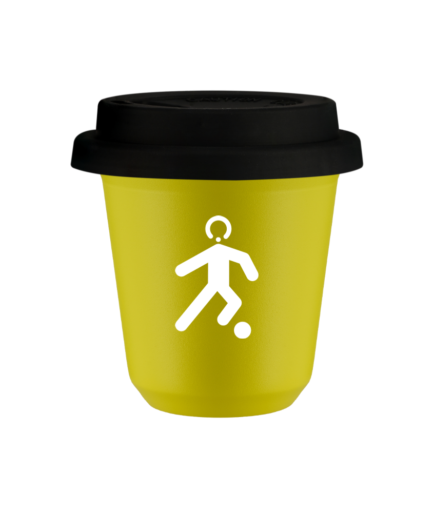 Tasse 150 ml JAUNE "Football (blanc)", avec couvercle noir
