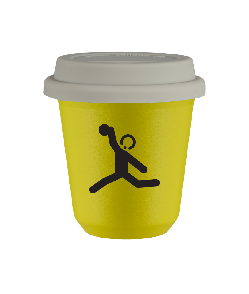 Tasse 150 ml JAUNE "Lancer du disque", avec couvercle blanc Tasse 150 ml JAUNE "Lancer du disque", avec couvercle blanc