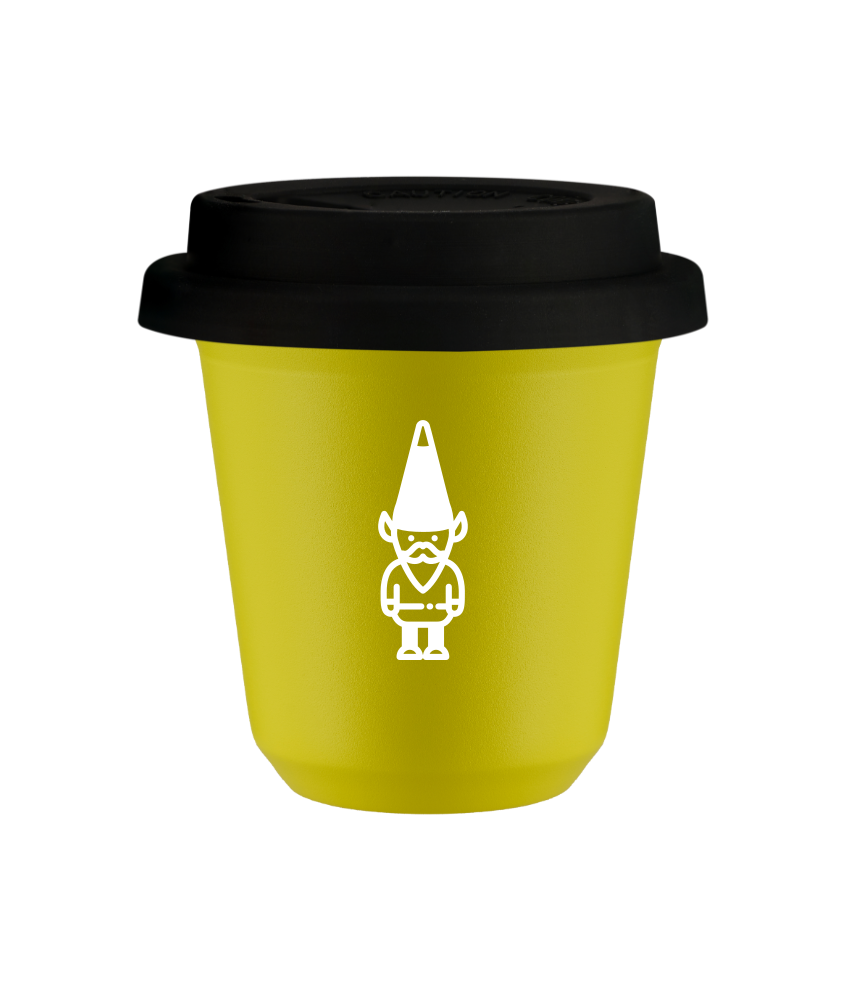 Tasse 150 ml JAUNE "Nain 1 (blanc)", avec couvercle noir Tasse 150 ml JAUNE "Nain 1 (blanc)", avec couvercle noir