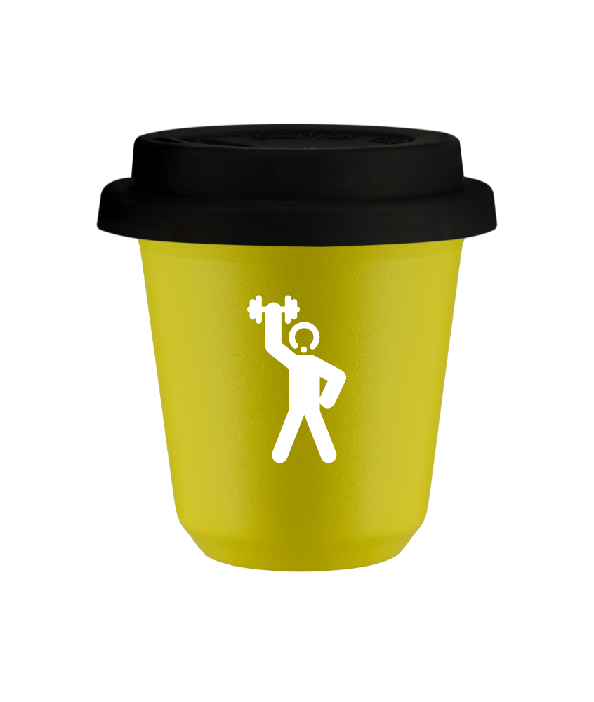Tasse 150 ml JAUNE "Homme fort 2 (blanc)", avec couvercle noir Tasse 150 ml JAUNE "Homme fort 2 (blanc)", avec couvercle noir