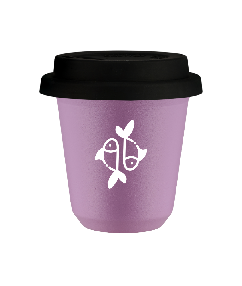Tasse 150 ml LILAS "Poissons (blanc)", avec couvercle noir Tasse 150 ml LILAS "Poissons (blanc)", avec couvercle noir