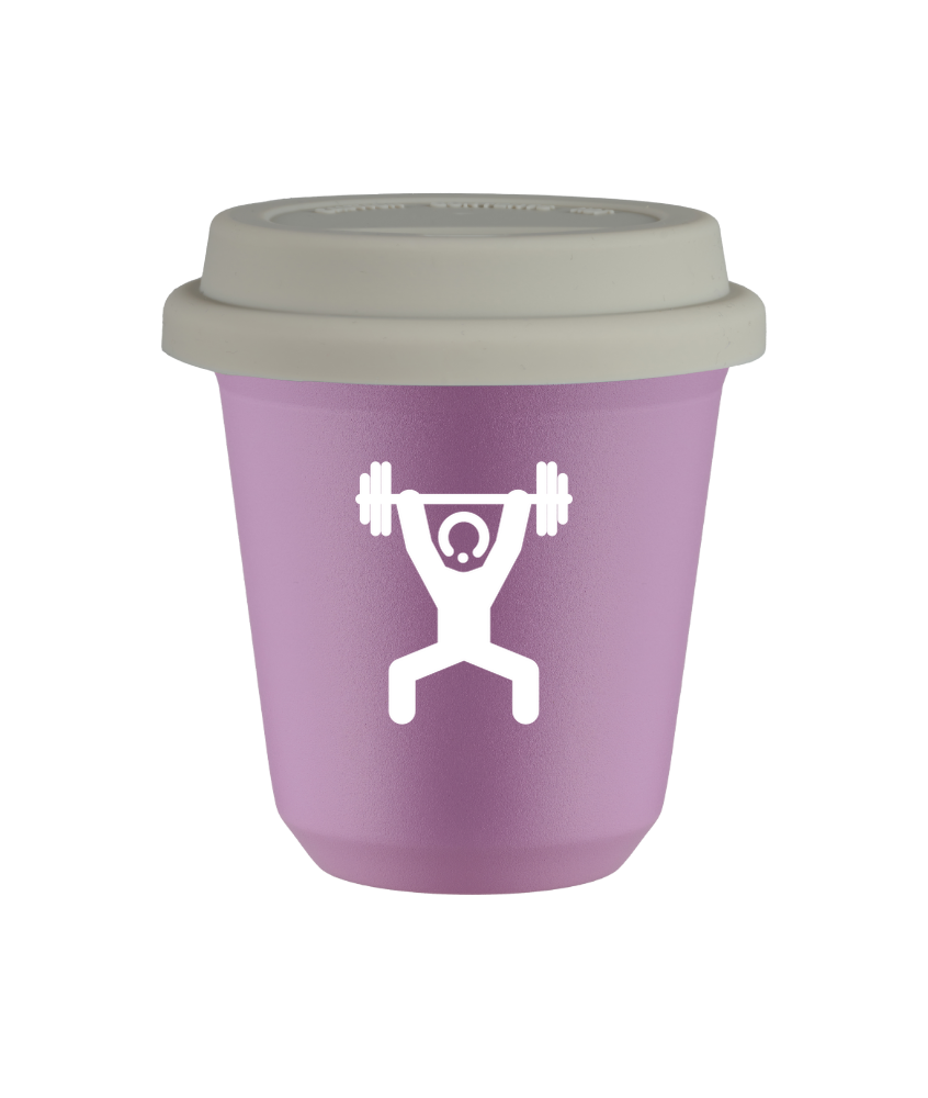 Tasse 150 ml LILAS "Homme fort 1 (blanc)", avec couvercle blanc