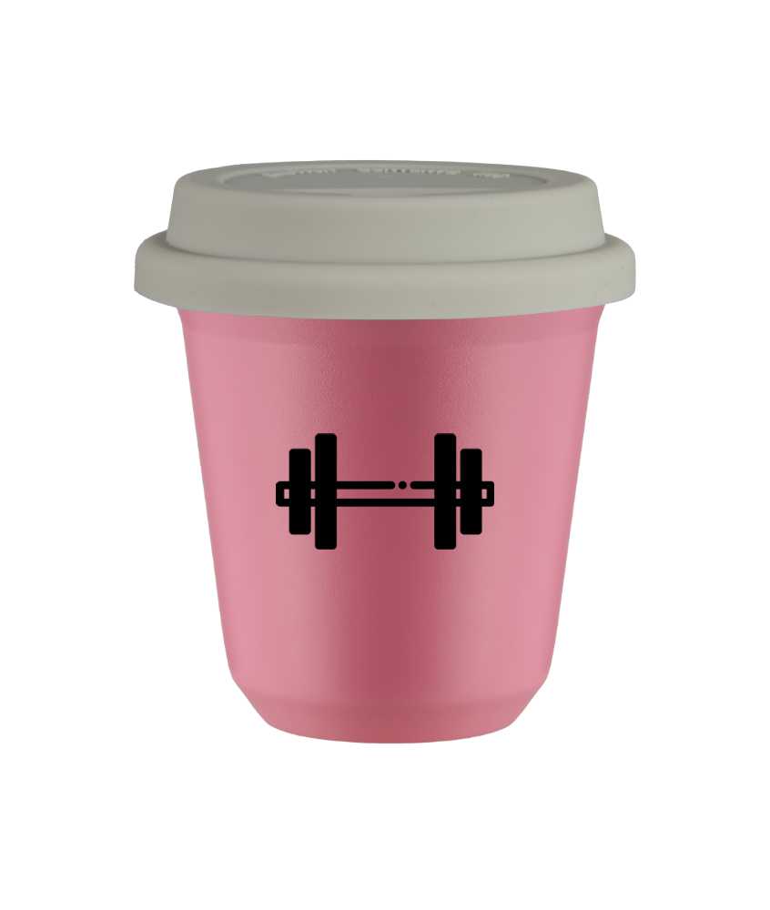 Tasse 150 ml ROSE "Haltère (noir)", avec couvercle blanc