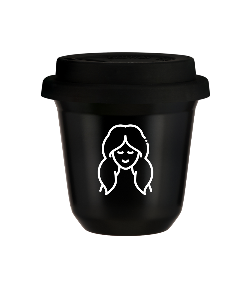 Tasse 240 ml NOIR "Vierge (blanc)", avec couvercle noir Tasse 240 ml NOIR "Vierge (blanc)", avec couvercle noir