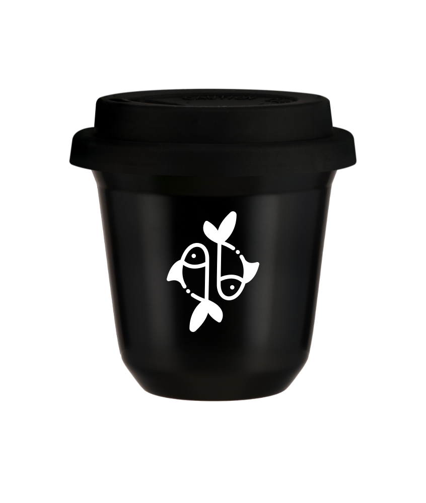 Tasse 240 ml NOIR "Poissons (blanc)", avec couvercle noir