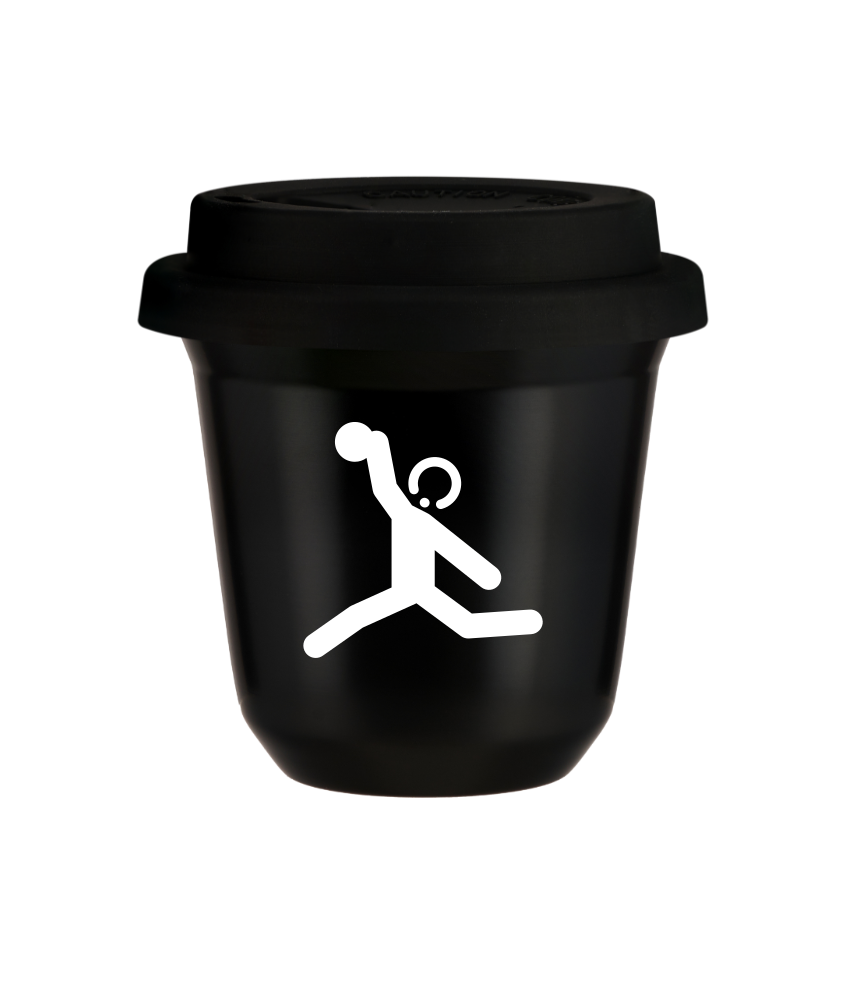 Tasse 240 ml NOIR "Lancer du disque (blanc)", avec couvercle noir Tasse 240 ml NOIR "Lancer du disque (blanc)", avec couvercle noir