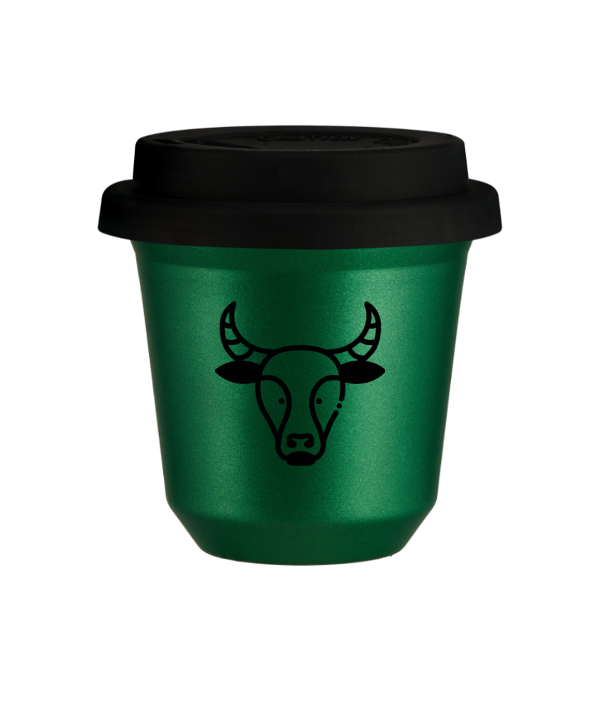 Tasse 240 ml VERT MÉTALLIQUE "Taureau (noir)", avec couvercle noir Tasse 240 ml VERT MÉTALLIQUE "Taureau (noir)", avec couvercle noir