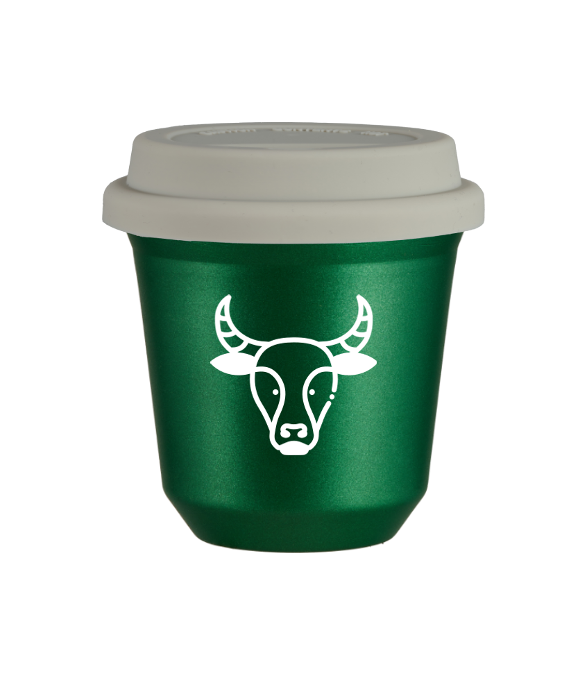 Tasse 240 ml VERT MÉTALLIQUE "Taureau (blanc)", avec couvercle blanc Tasse 240 ml VERT MÉTALLIQUE "Taureau (blanc)", avec couvercle blanc