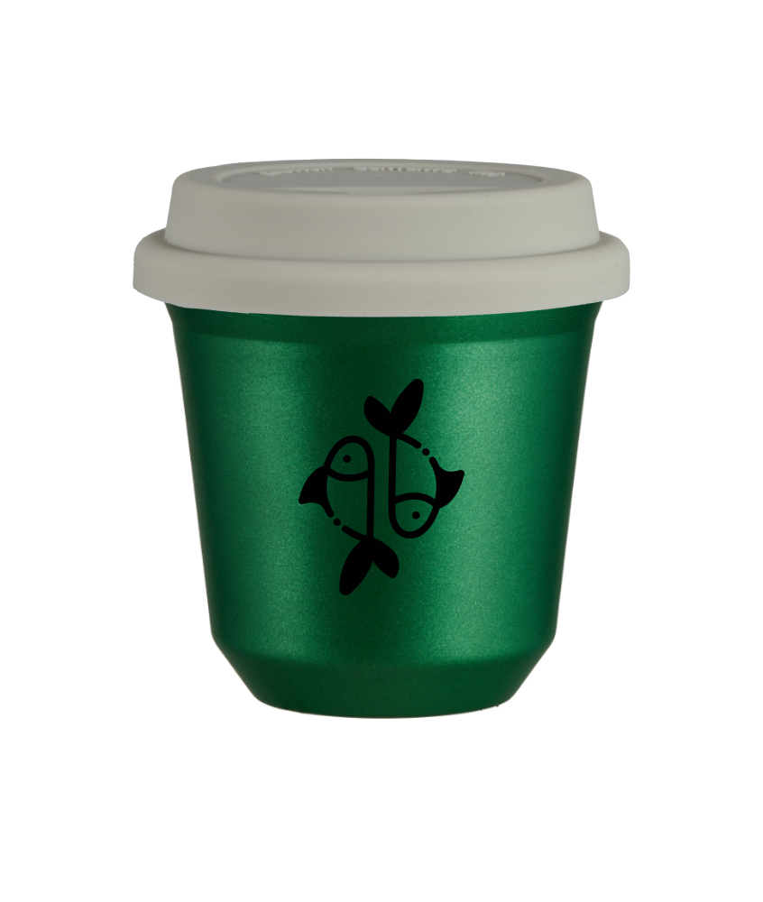 Tasse 240 ml VERT MÉTALLIQUE "Poissons", avec couvercle blanc