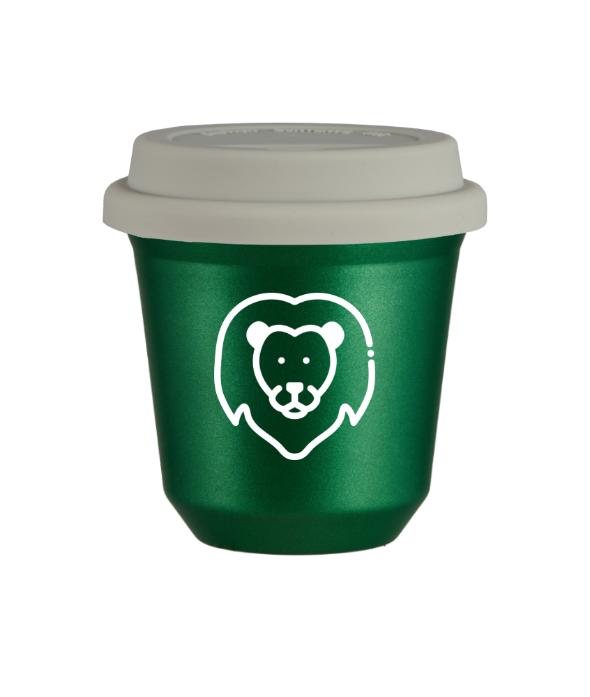 Tasse 240 ml VERT MÉTALLIQUE "Lion (blanc)", avec couvercle blanc