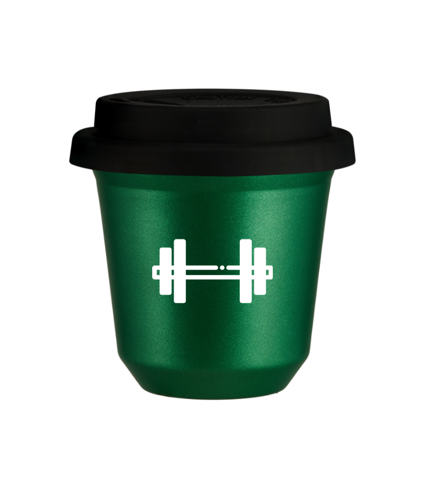 Tasse 240 ml VERT MÉTALLIQUE "Haltère (blanc)", avec couvercle noir Tasse 240 ml VERT MÉTALLIQUE "Haltère (blanc)", avec couvercle noir