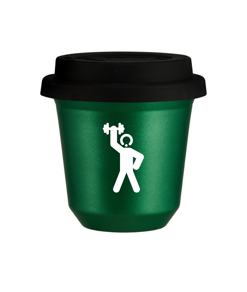 Tasse 240 ml VERT MÉTALLIQUE "Homme fort 2 (blanc)", avec couvercle noir Tasse 240 ml VERT MÉTALLIQUE "Homme fort 2 (blanc)", avec couvercle noir