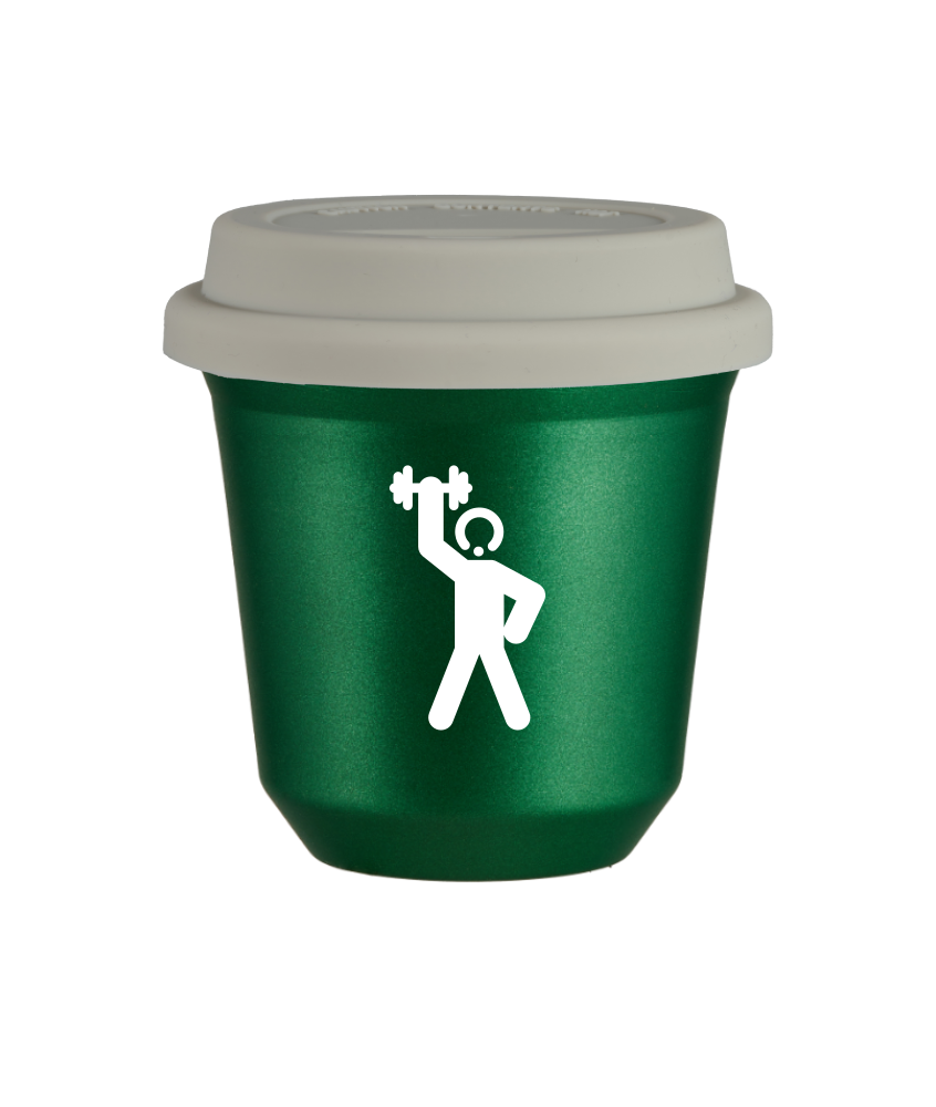 Tasse 240 ml VERT MÉTALLIQUE "Homme fort 2 (blanc)", avec couvercle blanc Tasse 240 ml VERT MÉTALLIQUE "Homme fort 2 (blanc)", avec couvercle blanc