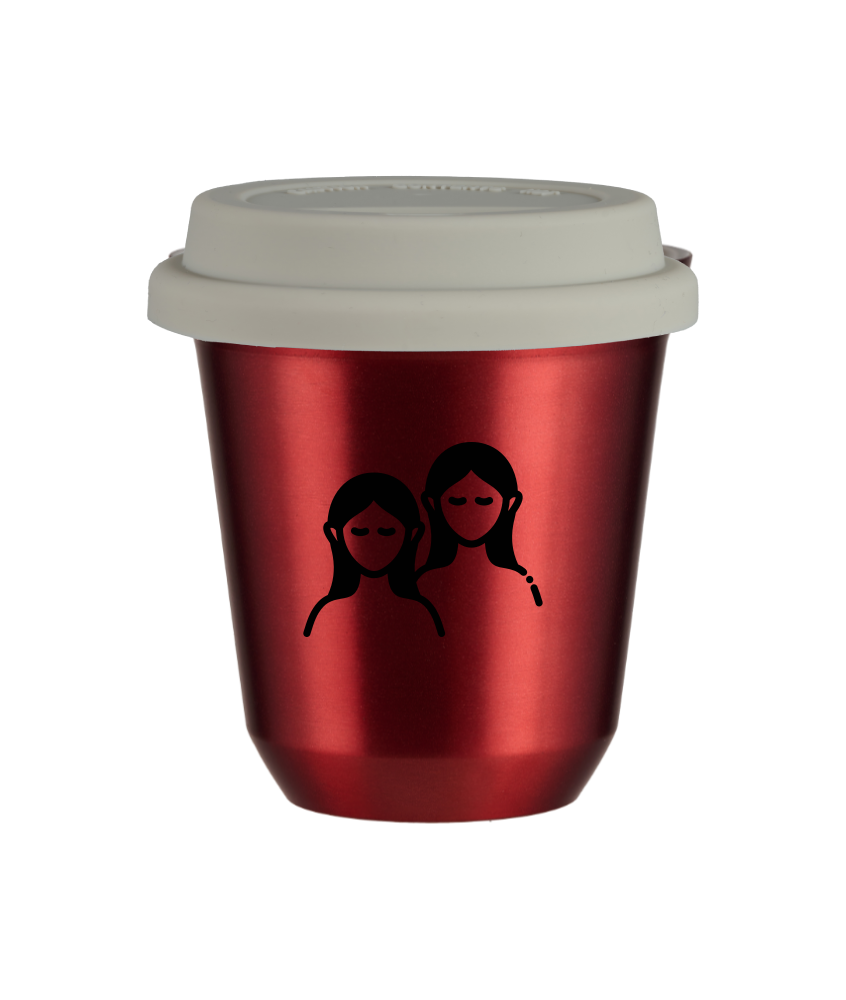 Tasse 240 ml ROUGE MÉTALLIQUE "Gémeaux", avec couvercle blanc Tasse 240 ml ROUGE MÉTALLIQUE "Gémeaux", avec couvercle blanc