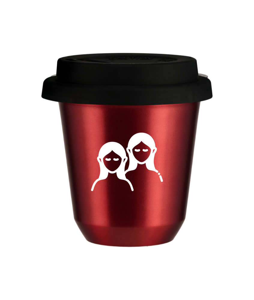 Tasse 240 ml ROUGE MÉTALLIQUE "Gémeaux (blanc)", avec couvercle noir Tasse 240 ml ROUGE MÉTALLIQUE "Gémeaux (blanc)", avec couvercle noir