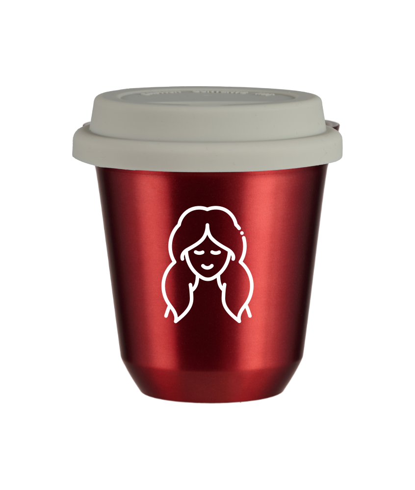 Tasse 240 ml ROUGE MÉTALLIQUE "Vierge (blanc)", avec couvercle blanc Tasse 240 ml ROUGE MÉTALLIQUE "Vierge (blanc)", avec couvercle blanc