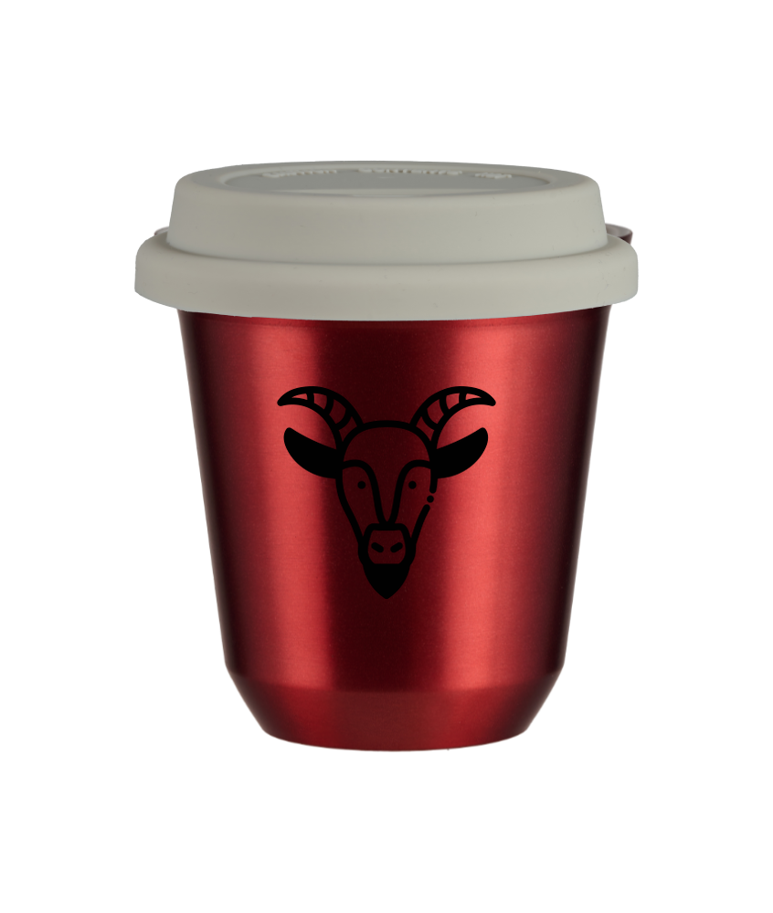 Tasse 240 ml ROUGE MÉTALLIQUE "Capricorne", avec couvercle blanc Tasse 240 ml ROUGE MÉTALLIQUE "Capricorne", avec couvercle blanc