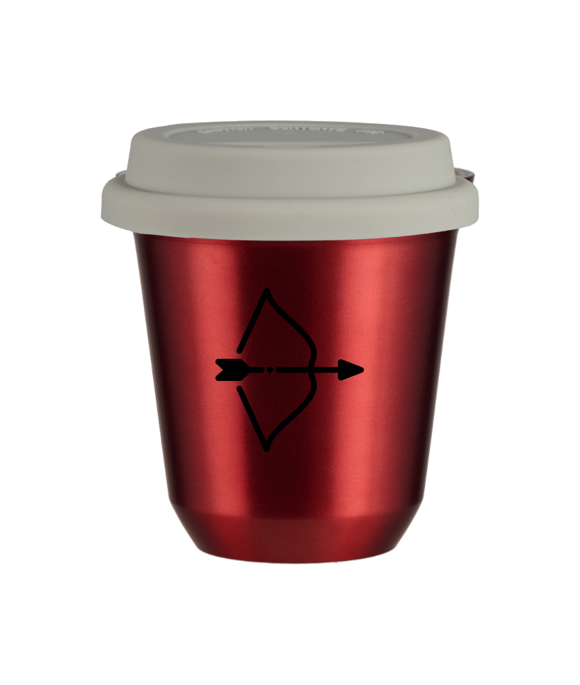 Tasse 240 ml ROUGE MÉTALLIQUE "Sagittaire", avec couvercle blanc Tasse 240 ml ROUGE MÉTALLIQUE "Sagittaire", avec couvercle blanc
