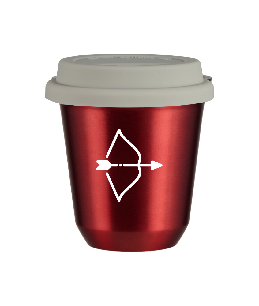 Tasse 240 ml ROUGE MÉTALLIQUE "Sagittaire (blanc)", avec couvercle blanc