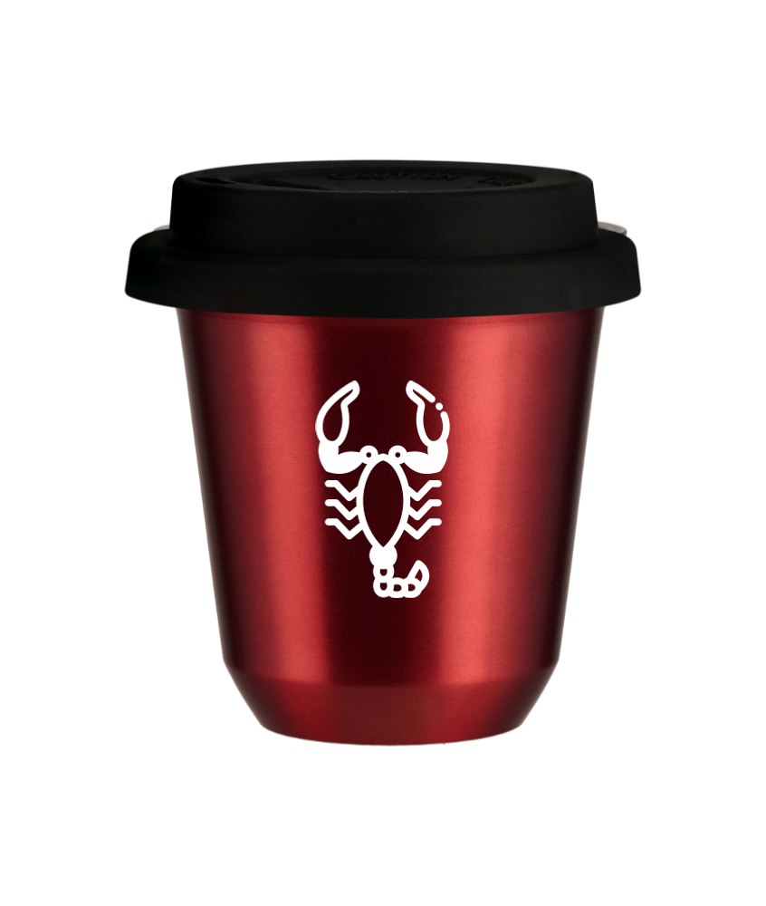 Tasse 240 ml ROUGE MÉTALLIQUE "Scorpion (blanc)", avec couvercle noir