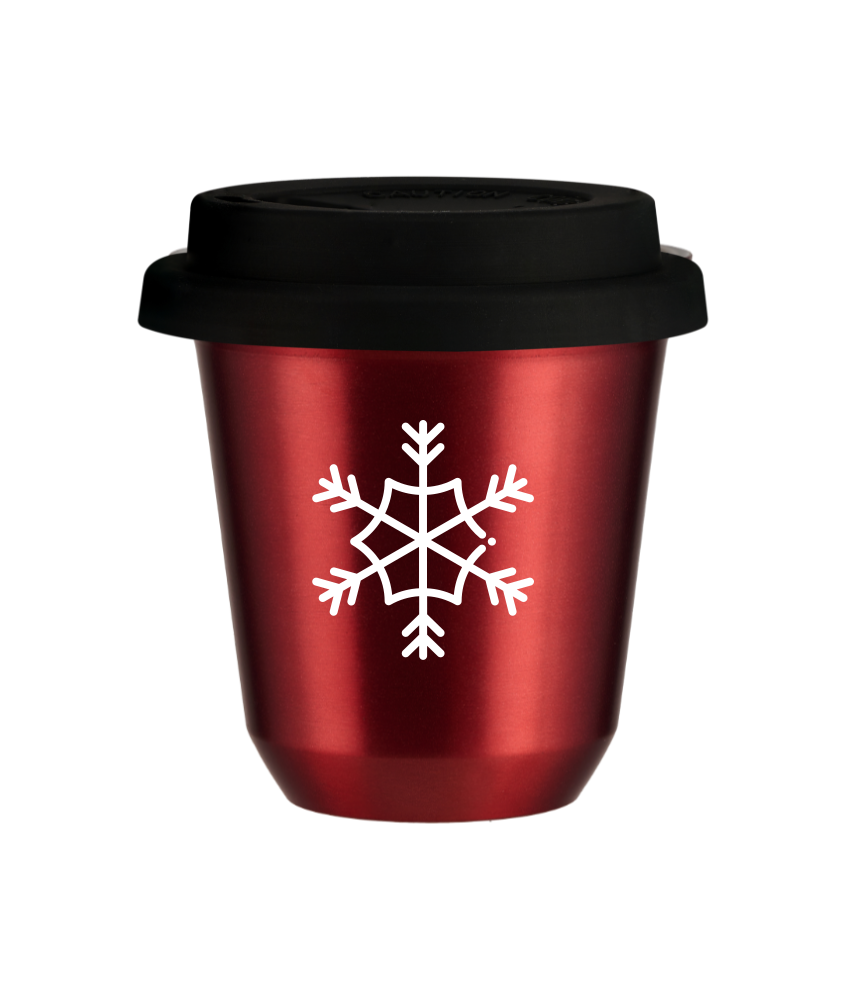 Tasse 240 ml ROUGE MÉTALLIQUE "Flocon de neige (blanc)", avec couvercle noir Tasse 240 ml ROUGE MÉTALLIQUE "Flocon de neige (blanc)", avec couvercle noir