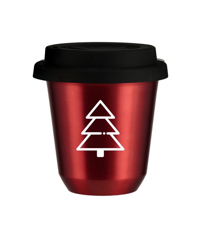 Tasse 240 ml ROUGE MÉTALLIQUE "Sapin de Noël (blanc)", avec couvercle noir Tasse 240 ml ROUGE MÉTALLIQUE "Sapin de Noël (blanc)", avec couvercle noir