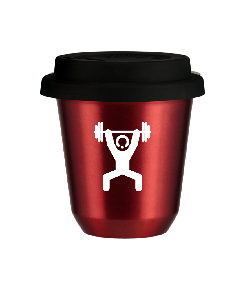 Tasse 240 ml ROUGE MÉTALLIQUE "Homme fort 1 (blanc)", avec couvercle noir