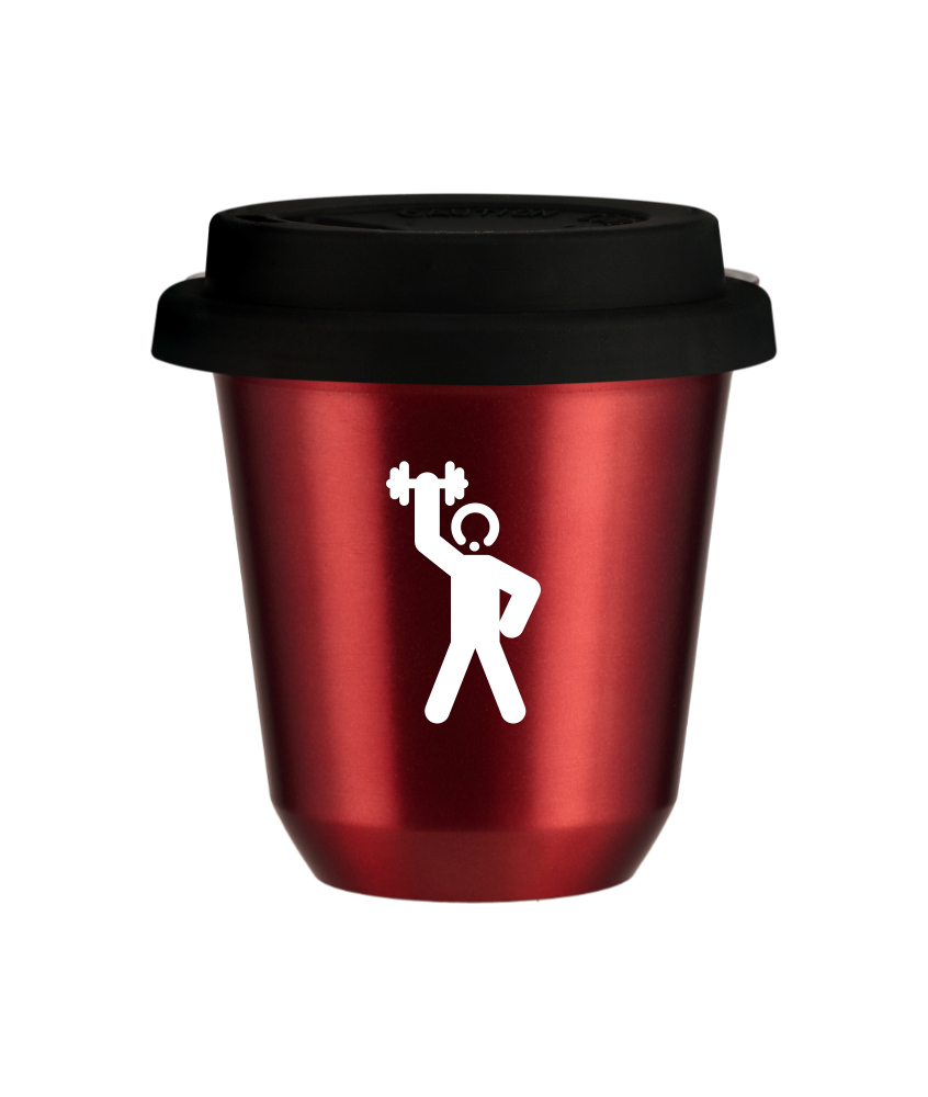 Tasse 240 ml ROUGE MÉTALLIQUE "Homme fort 2 (blanc)", avec couvercle noir Tasse 240 ml ROUGE MÉTALLIQUE "Homme fort 2 (blanc)", avec couvercle noir