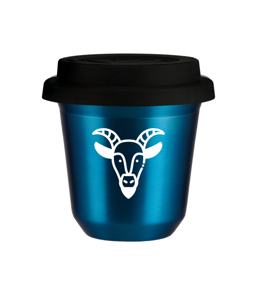 Tasse 240 ml BLEU MÉTALLIQUE "Capricorne (blanc)", avec couvercle noir Tasse 240 ml BLEU MÉTALLIQUE "Capricorne (blanc)", avec couvercle noir