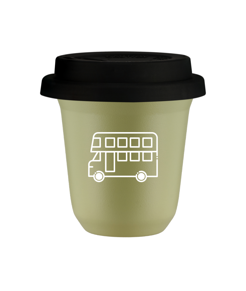 Tasse 80 ml PISTACHE "Bus (blanc)", avec couvercle noir