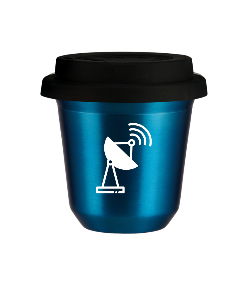 Tasse 240 ml BLEU MÉTALLIQUE "Antenne (blanc)", avec couvercle noir