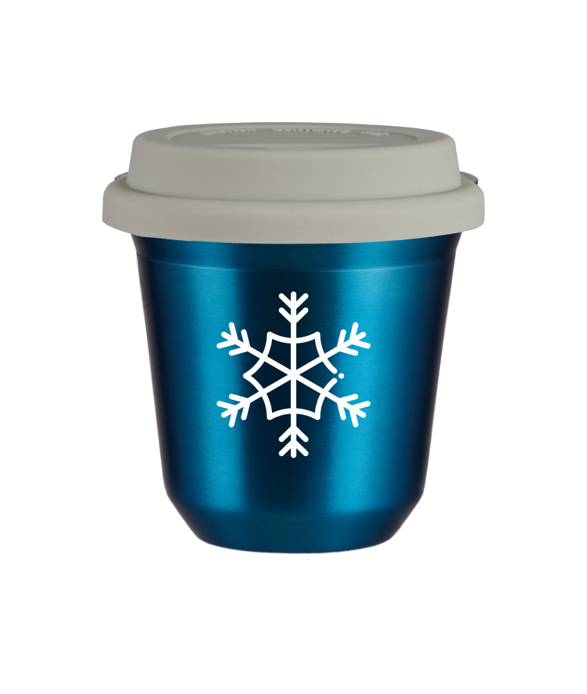 Tasse 240 ml BLEU MÉTALLIQUE "Flocon de neige (blanc)", avec couvercle blanc Tasse 240 ml BLEU MÉTALLIQUE "Flocon de neige (blanc)", avec couvercle blanc