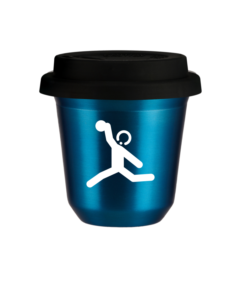 Tasse 240 ml BLEU MÉTALLIQUE "Lancer du disque (blanc)", avec couvercle noir Tasse 240 ml BLEU MÉTALLIQUE "Lancer du disque (blanc)", avec couvercle noir