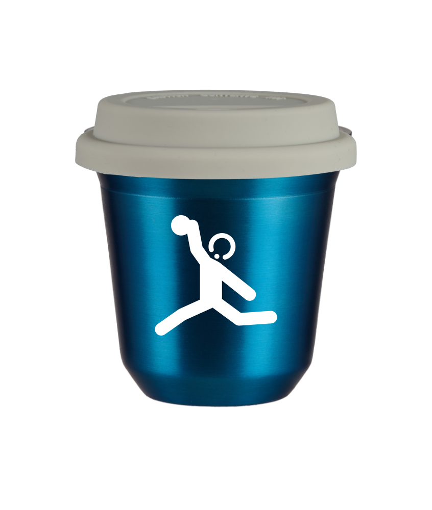 Tasse 240 ml BLEU MÉTALLIQUE "Lancer du disque (blanc)", avec couvercle blanc Tasse 240 ml BLEU MÉTALLIQUE "Lancer du disque (blanc)", avec couvercle blanc