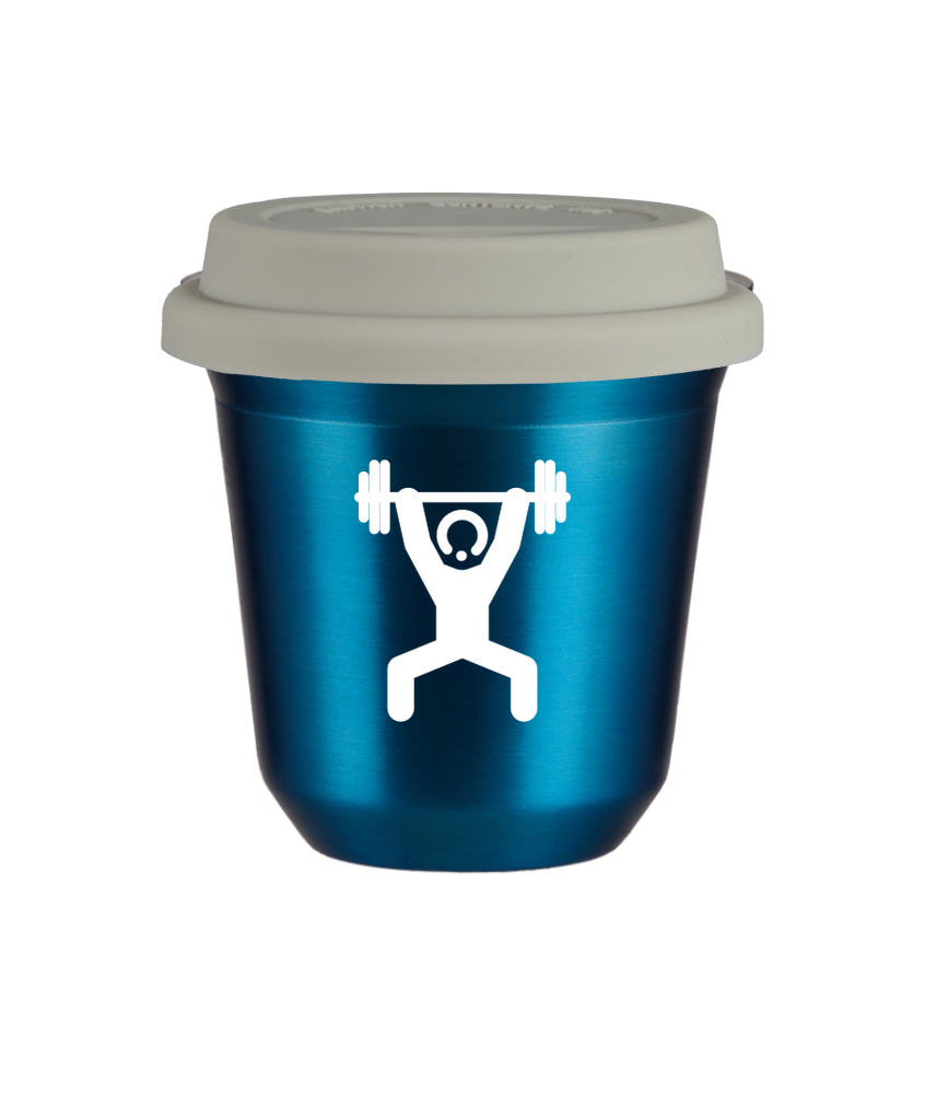 Tasse 240 ml BLEU MÉTALLIQUE "Homme fort 1 (blanc)", avec couvercle blanc Tasse 240 ml BLEU MÉTALLIQUE "Homme fort 1 (blanc)", avec couvercle blanc