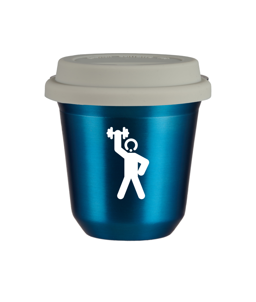 Tasse 240 ml BLEU MÉTALLIQUE "Homme fort 2 (blanc)", avec couvercle blanc Tasse 240 ml BLEU MÉTALLIQUE "Homme fort 2 (blanc)", avec couvercle blanc