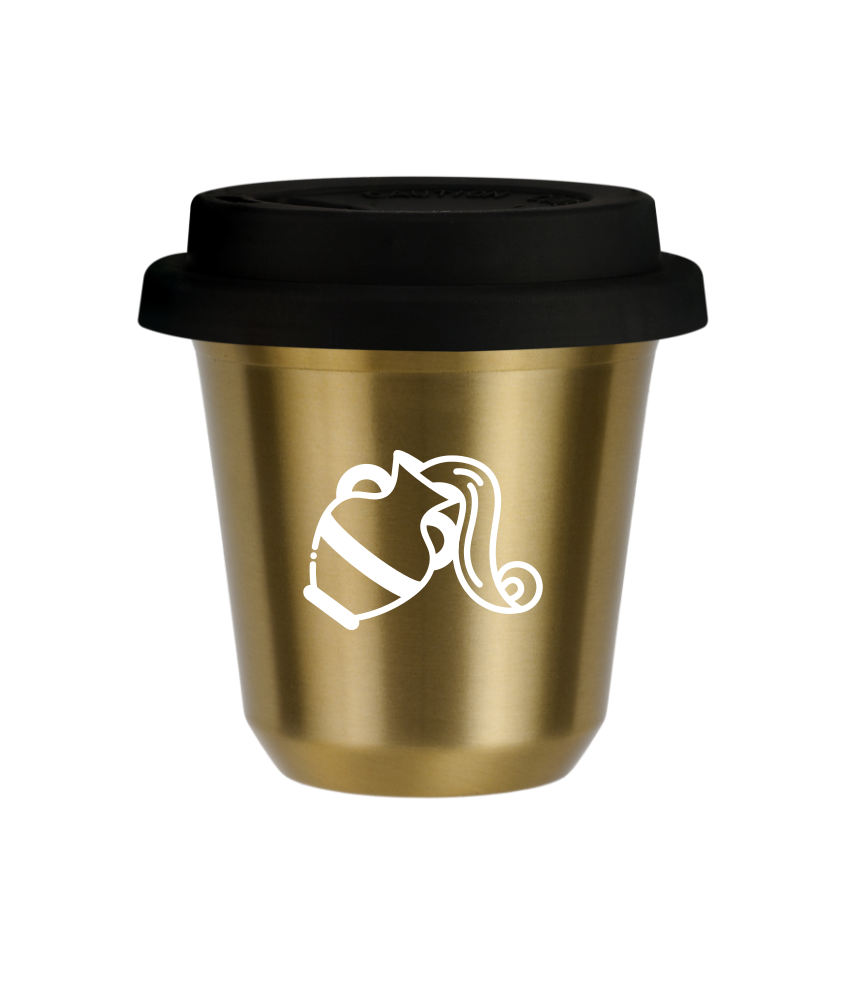 Tasse 240 ml OR "Verseau (blanc)", avec couvercle noir Tasse 240 ml OR "Verseau (blanc)", avec couvercle noir