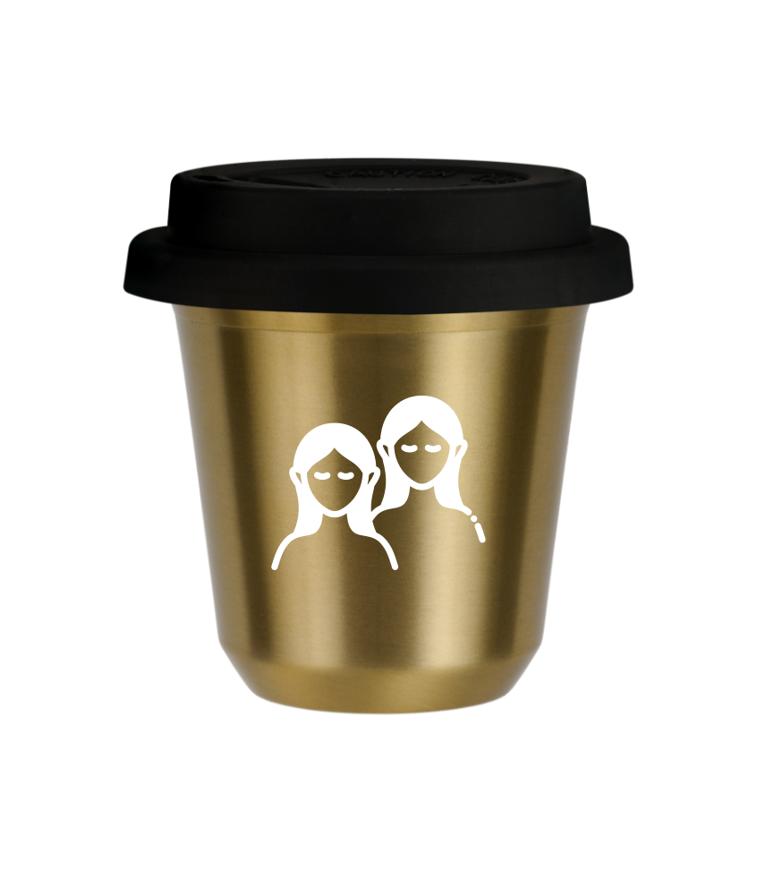Tasse 240 ml OR "Gémeaux (blanc)", avec couvercle noir Tasse 240 ml OR "Gémeaux (blanc)", avec couvercle noir
