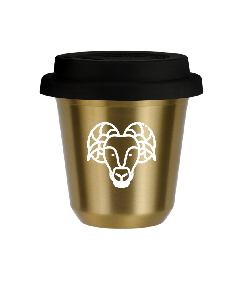 Tasse 240 ml OR "Bélier (blanc)", avec couvercle noir Tasse 240 ml OR "Bélier (blanc)", avec couvercle noir