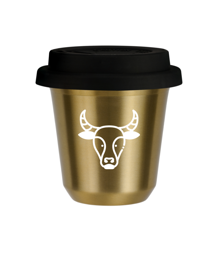 Tasse 240 ml OR "Taureau (blanc)", avec couvercle noir Tasse 240 ml OR "Taureau (blanc)", avec couvercle noir