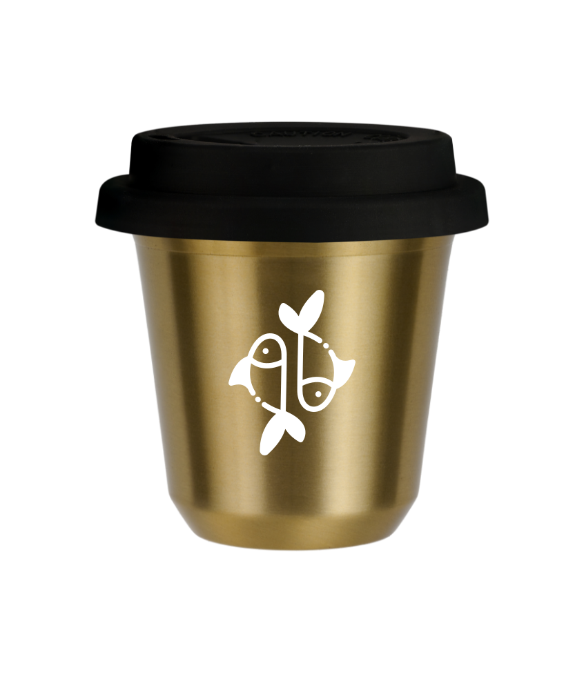 Tasse 240 ml OR "Poissons (blanc)", avec couvercle noir