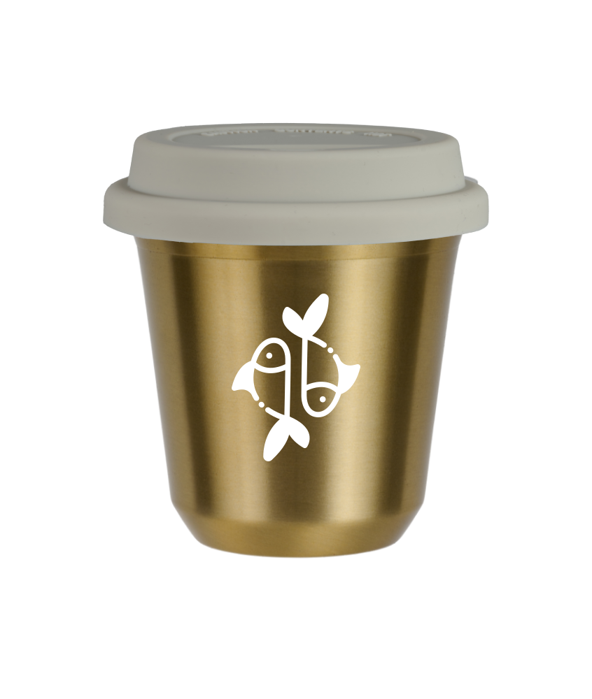 Tasse 240 ml OR "Poissons (blanc)", avec couvercle blanc Tasse 240 ml OR "Poissons (blanc)", avec couvercle blanc